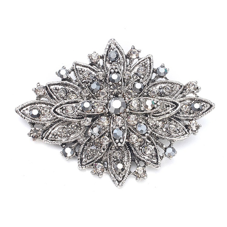 Vintage Antique Silver Bridal Brooch with Hematite Crystals<br>471P-HM