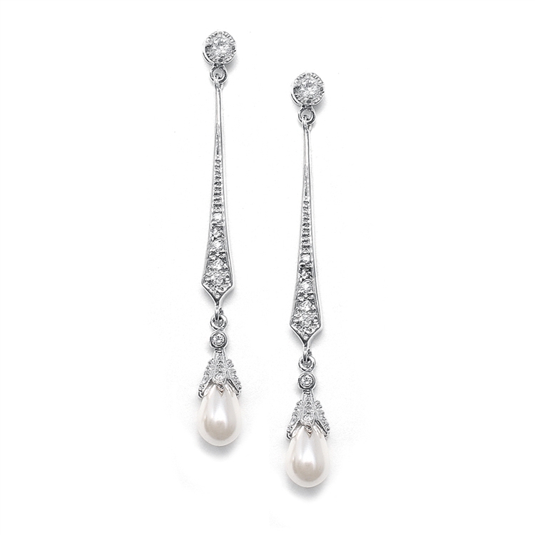 Vintage Wedding Linear CZ Dangle Earrings with Freshwater Pearls<br>491E
