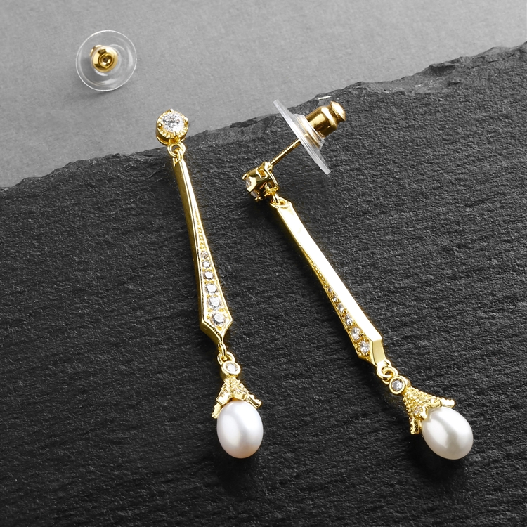 Vintage 14K Gold CZ Dangle Earrings with Freshwater Pearl<br>491E-G