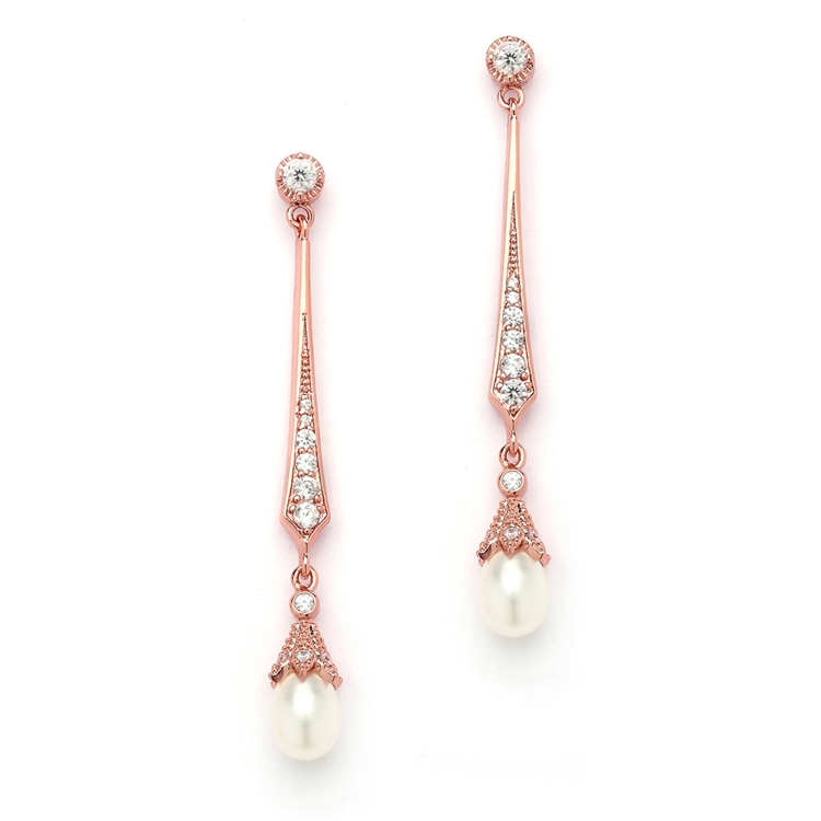 Vintage Rose Gold CZ Dangle Earrings with Freshwater Pearl<br>491E-RG