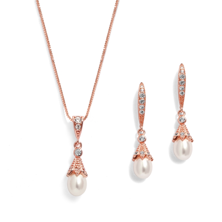 14K Rose Gold Wedding Necklace & Earrings Jewelry Set with Freshwater Pearl<br>491S-RG