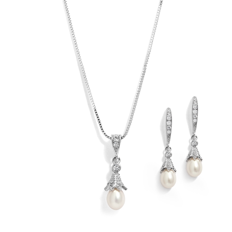 Silver Rhodium Plated Necklace & Earrings Jewelry Set with Freshwater Pearl<br>491S-S