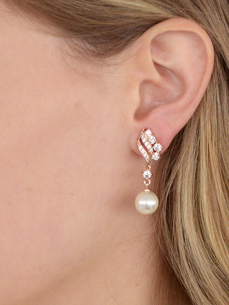 Cubic Zirconia Wedding Earrings with Ivory Pearls<br>705E-RG