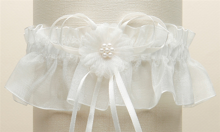 Organza Bridal Garters with Baby Pearl Cluster - Ivory<br>819G-I-I