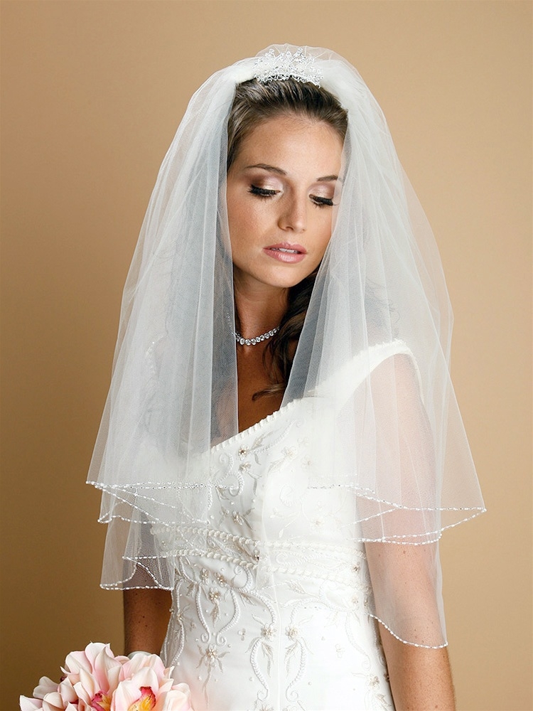 Two Tier Circular Cut Veil with Seed Bead and Bugle Bead Edging - White<br>885V-W