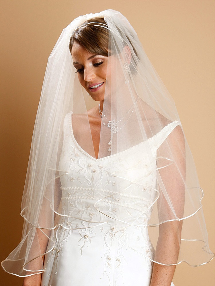 Two Tier Circular Cut Satin Corded Edge 30" Bridal Veil with 25" Blusher<br>940V-25