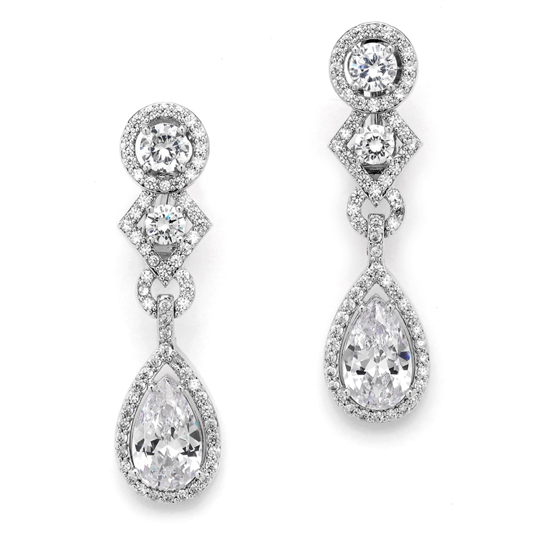 Art Deco Cubic Zirconia Wedding Earrings with Pear Dangle<br>E037