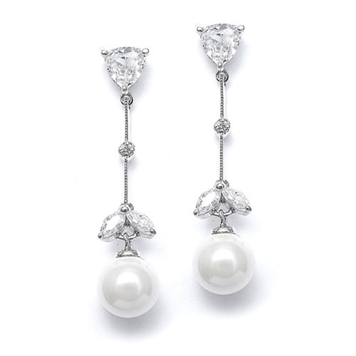 CZ Trillion and White Pearl Bridal Earrings<br>E080