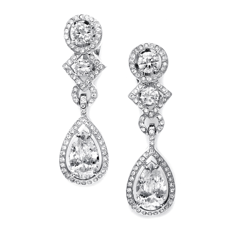 CZ Clip-On Wedding Earrings with Pear Dangle<br>EC037