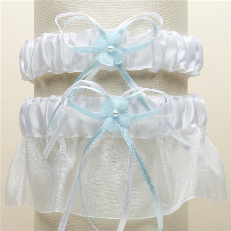 Sleek Satin and Organza 2 Pc. Bridal Garter Set - White with Blue<br>G016-BL-W