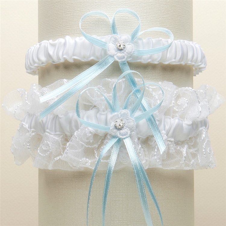 Vintage Wedding Garter Set - Floral Embroidered Tulle - White & Something Blue Ribbon<br>G018-BL-W