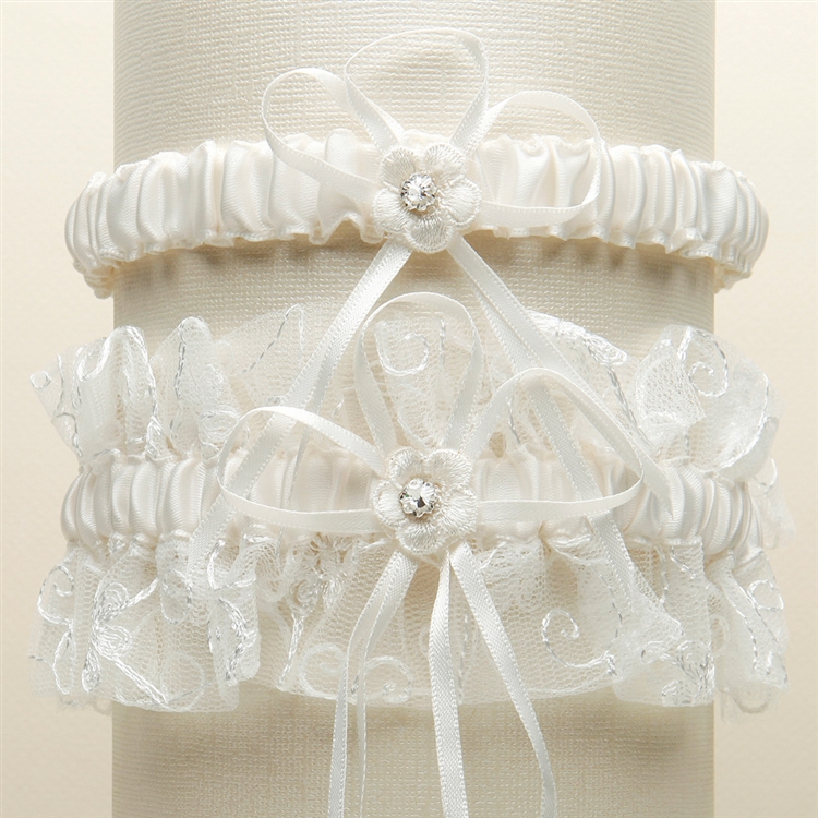 Vintage Wedding Garter Set with Floral Embroidered Tulle - Ivory<br>G018-I-I