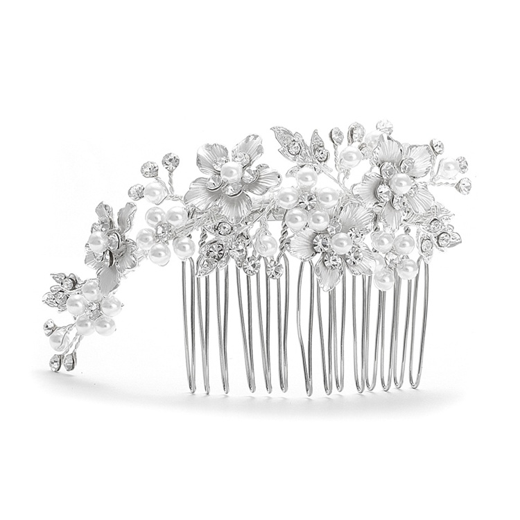 Brushed Silver and White Pearl Wedding Comb<br>H001-W-S