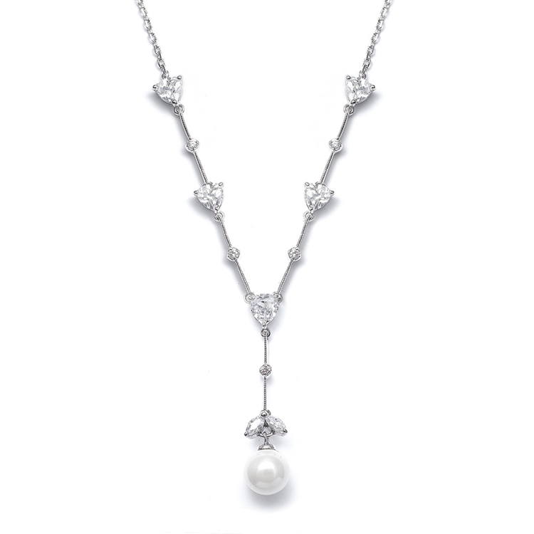 CZ Trillion and White Pearl Bridal Necklace<br>N080