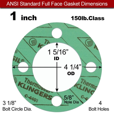 C-4401 Green N/A NBR Full Face Gasket - 150 Lb. - 1/8" Thick - 1" Pipe