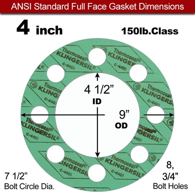 C-4401 Green N/A NBR Full Face Gasket - 150 Lb. - 1/8" Thick - 4" Pipe