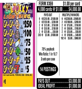 $250 TOP ($5 Bottom) - Form # XX69 Lucky Lightning (3-Window)