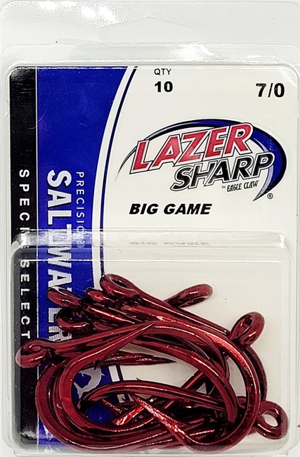 Eagle Claw Lazer Sharp Big Game Saltwater Fishing Hooks - Red 10pk