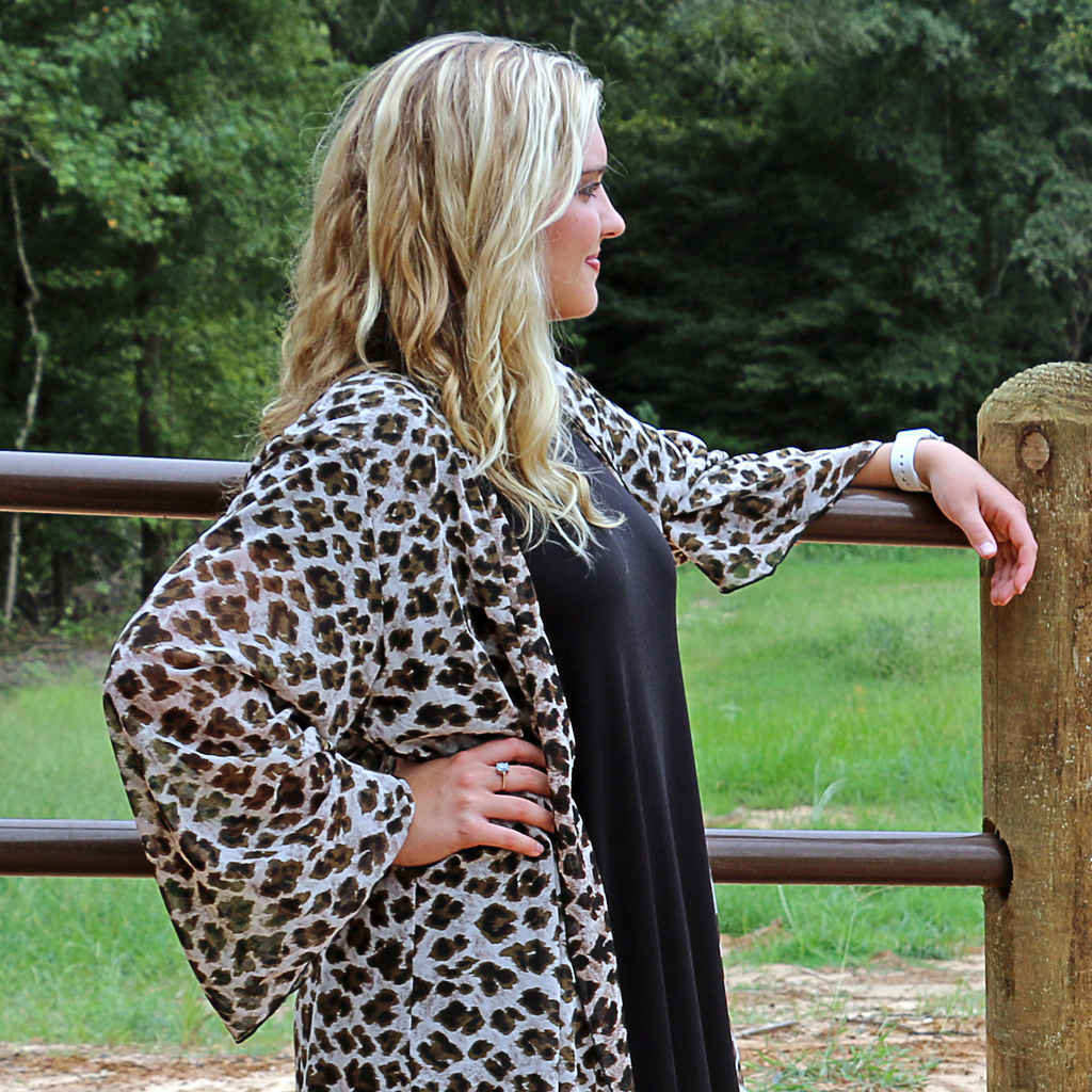 LH Mesh LS Mid Length Kimono-Sheer Leopard