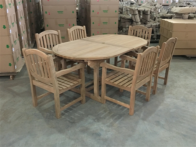 Birmingham Oval Double Extension Teak Table 200cm Regular To 300cm w/ Extension x 120cm Width Set w/ 6 Manchester Arm Chairs