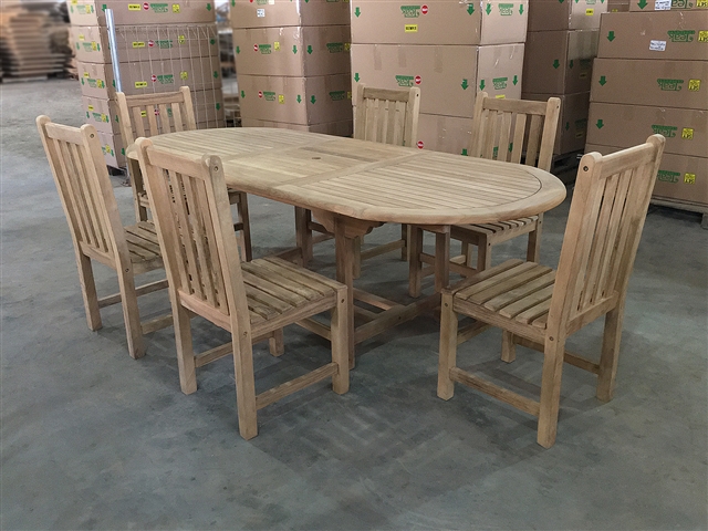 Liverpool Oval Teak Table Set w/ 6 London Dining Chairs  (170cm x 100cm - Extends to 230cm)