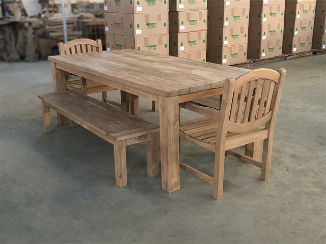 Reclaimed 87" Teak Table SET #313 w/ (2) Manchester Arm Chairs + (2) 170cm/67" BG Backless Benches