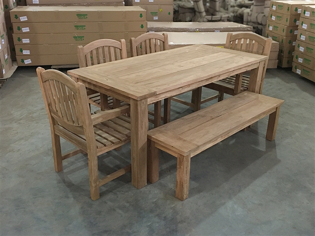 Reclaimed 71" Teak Table SET #376 w/ (4) Manchester Rustic Arm Chairs + (1) 150cm/60" BG Backless Bench