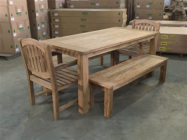 Reclaimed 71" Teak Table SET #419 w/ (2) Manchester Rustic Arm Chairs + (2) 150cm/60" BG Backless Benches