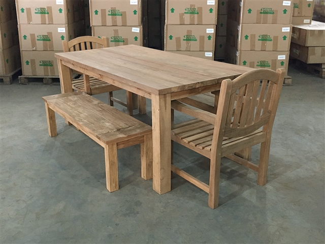 Reclaimed 79" Teak Table SET #478 w/ (2) Manchester Arm Chairs + (2) 150cm/60" BG Backless Benches