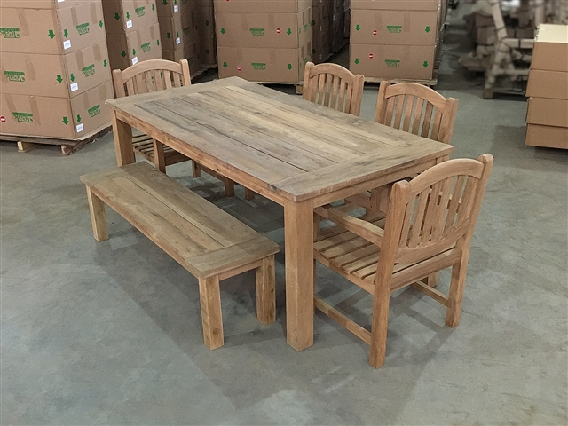 Reclaimed 79" Teak Table SET #542 w/ (4) Manchester Rustic Arm Chairs + (1) 150cm/60" BG Backless Bench