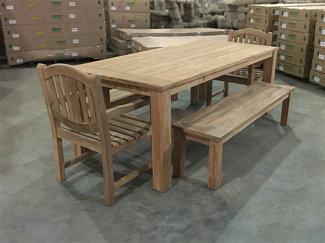 Reclaimed 87" Teak Table SET #558 w/ (2) Manchester Rustic Arm Chairs + (2) 170cm/67" BG Backless Benches