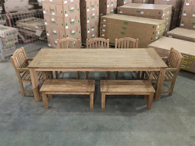 Reclaimed 102" Teak Table SET #736 w/ (5) Manchester Rustic Arm Chairs + (2) 100cm/39" BG Backless Benches