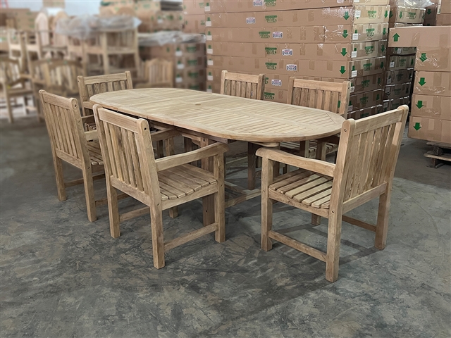 Eden Oval Double Extension Teak Table 180cm Regular To 240cm w/ Extension x 100cm Width Set w/ 6 Blackburn Arm Chairs