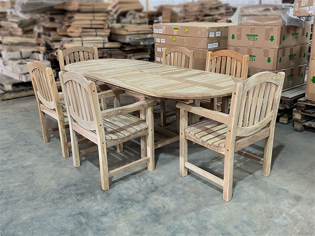 Eden Oval Double Extension Teak Table 180cm Regular To 240cm w/ Extension x 100cm Width Set w/ 6 Chelsea Arm Chairs