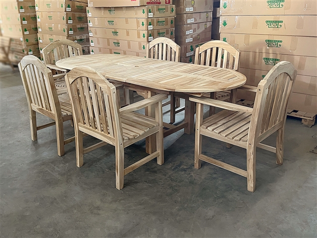 Eden Oval Double Extension Teak Table 180cm Regular To 240cm w/ Extension x 100cm Width Set w/ 6 Tristan Arm Chairs