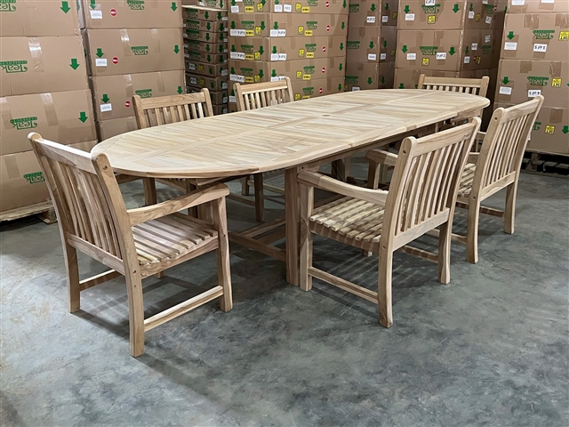 Eden Oval Double Extension Teak Table 200cm Regular To 300cm w/ Extension x 120cm Width Set w/ 6 Flores Arm Chairs