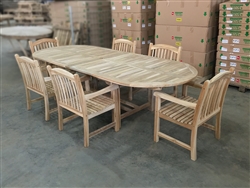 Eden Oval Double Extension Teak Table 200cm Regular To 300cm w/ Extension x 120cm Width Set w/ 6 Sumbawa Arm Chairs