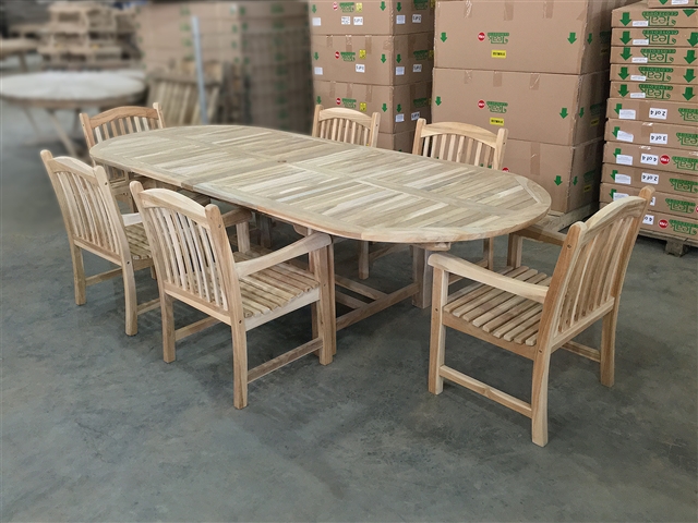 Eden Oval Double Extension Teak Table 200cm Regular To 300cm w/ Extension x 120cm Width Set w/ 6 Sumbawa Arm Chairs