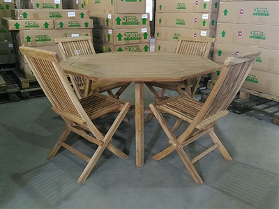 51" Aurora Octagon Teak Table Set w/ 4 Shelia Classic Folding Chairs Rustic