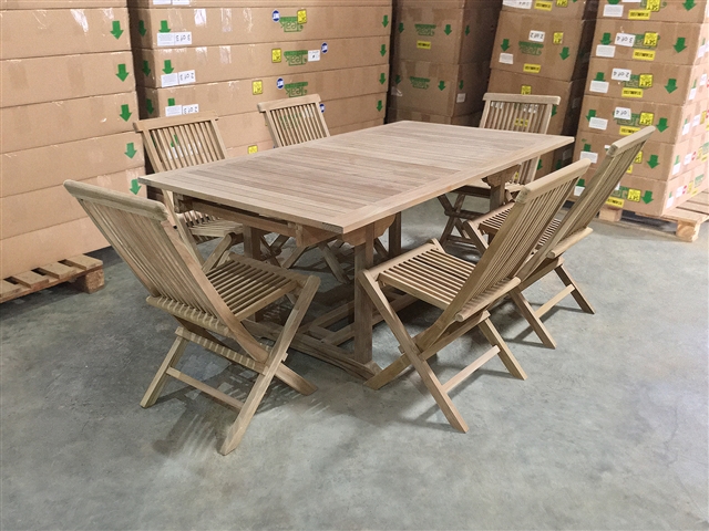 Monica Rectangle Extension Teak Table Set w/ 6 Shelia Premium Folding Chairs (180cm x 100cm - Extends to 250cm)