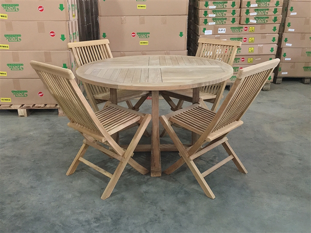 120cm/48" Elsa Teak Round Table SET w/ 4 Shelia Premium Folding Chairs