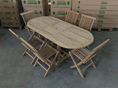 Maharani Oval Teak Table Set w/ 6 Shelia's Sister Folding Chairs (150cm x 90cm - Extends to 200cm)