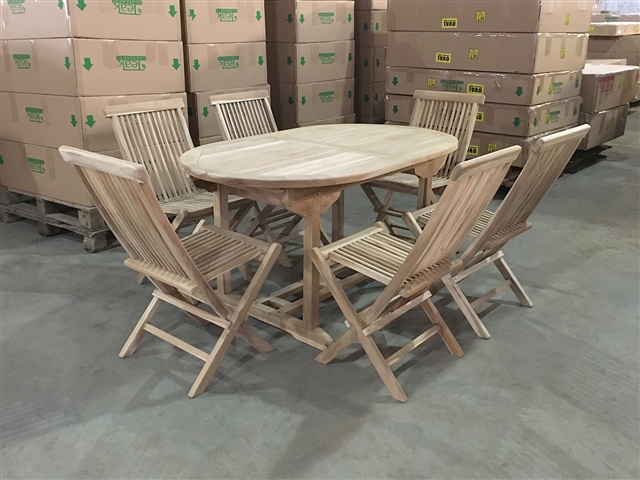 Suwawal Oval Extension Teak Table Set w/ 6 Shelia Premium Folding Chairs (150cm x 90cm - Extends to 200cm)