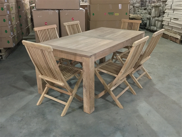 Wales Rectangle Teak Table 180 x 95cm Set w/ 6 Shelia Premium Folding Chairs