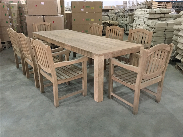 Wales Teak Rectangle Table 260x100cm SET w/ 8 Manchester Arm Chairs