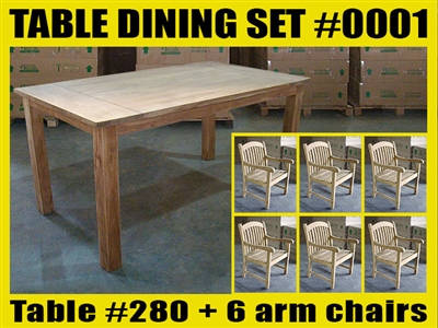 Reclaimed 63" Teak Table SET #0001 w/ 6 Sumbawa Arm Chairs