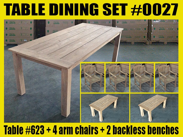 Reclaimed 87" Teak Table SET #0027 w/ (2) 90cm/36" Juwana Backless Bench + (4) Manchester Arm Chairs