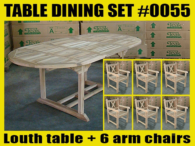 Louth Oval Extension Teak Table 150cm Regular To 200cm W/ Extension x 100cm Width SET #0055 w/ 6 Cross Arm Chairs