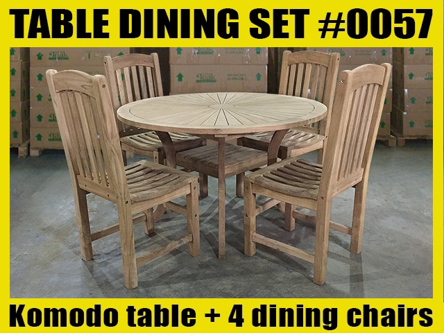 47" Komodo Teak Round Table SET #0057 w/ 4 Menika Dining Chairs