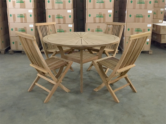 120cm/47" Komodo Teak Round Table SET w/ 4 Shelia Premium Folding Chairs